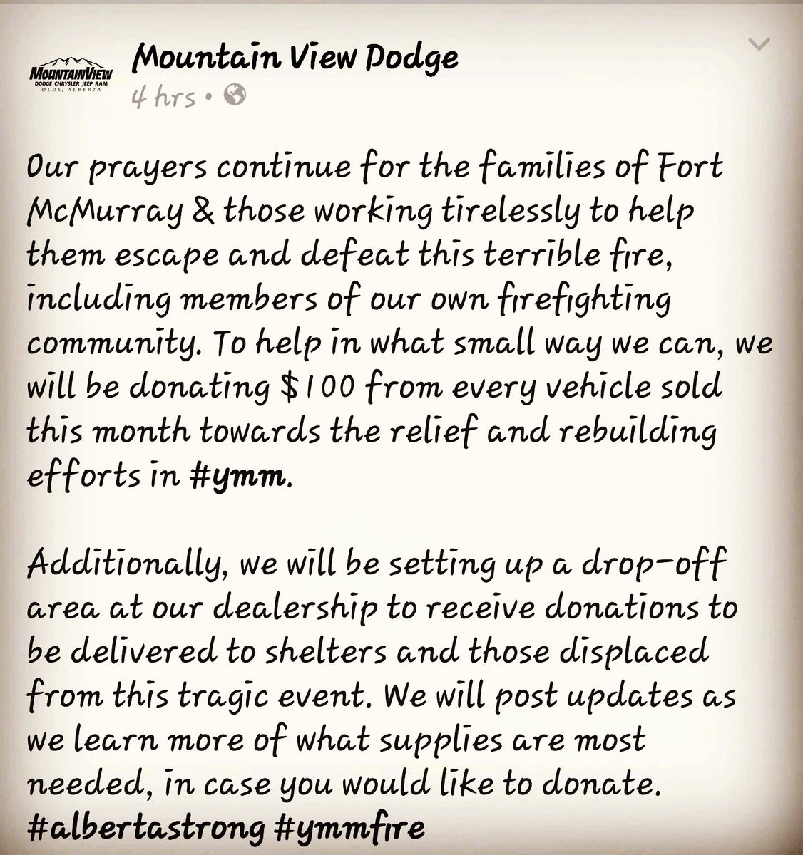 Keltica3's tweet photo. Thank you #mountainviewdodge  Everyone please donate.  Thoughts &amp; prayers with everyone up North!  #FortMacFire https://t.co/AR11GNFi0c