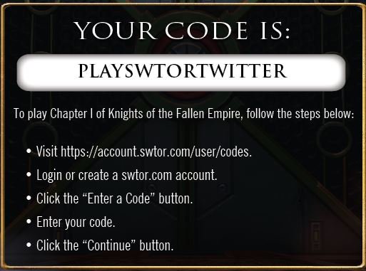 SWTOR's tweet image. Share this code with your friends to get them started with a Free Trial to Chapter One of #FallenEmpire!