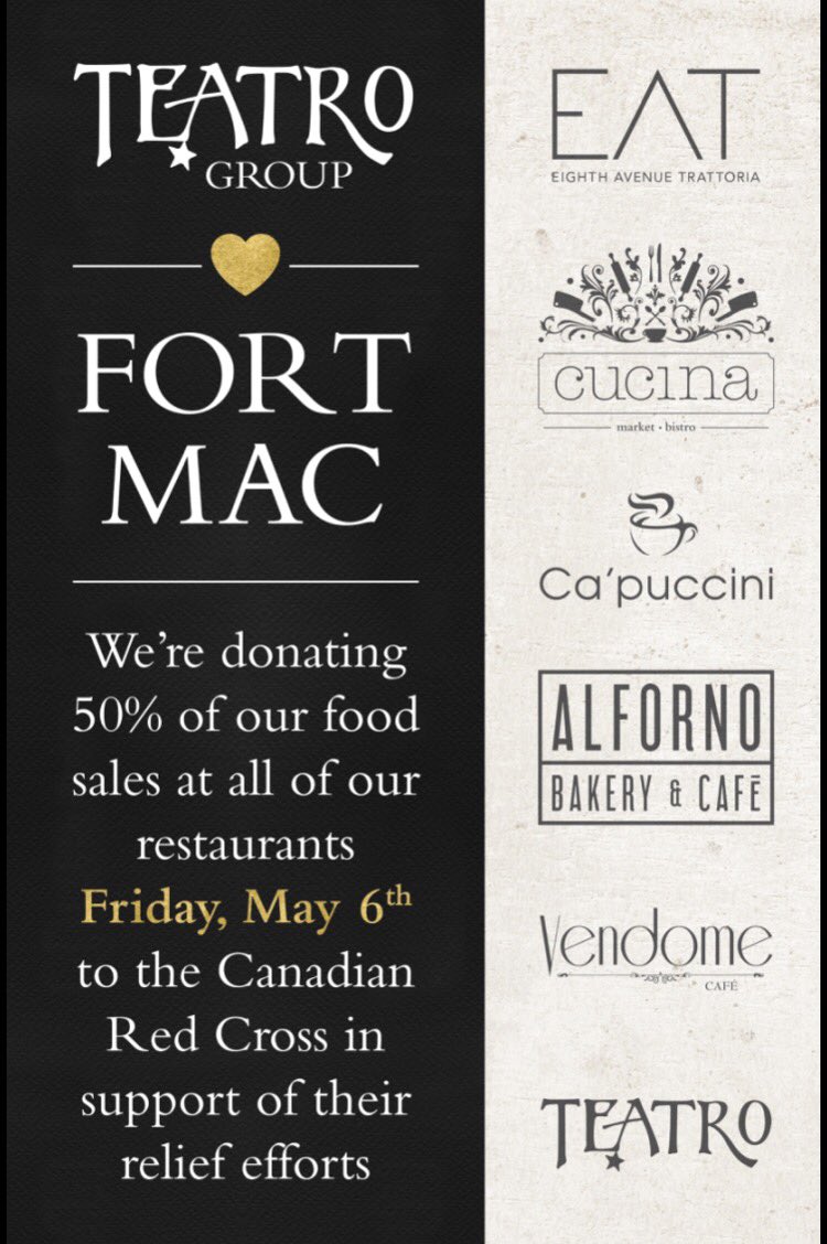 TeatroGroupYYC's tweet photo. On Fri May 6 we will be donating 50% of our food sales at all our restaurants to @RedCrossAB in support of #YMMFire https://t.co/iuBsvkrAQe
