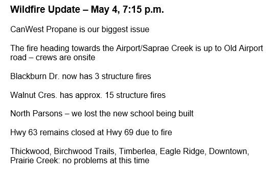 RMWoodBuffalo's tweet photo. Wildfire Update - May 4, 7:15 p.m. #ymmfire https://t.co/PcxFJyjjFa