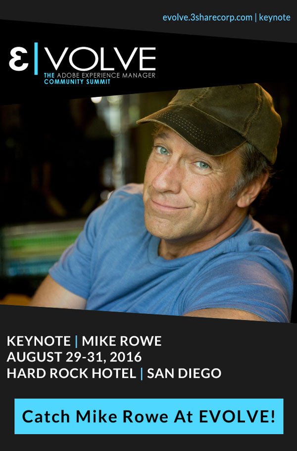 EVOLVE_Conf's tweet photo. It's a Dirty Job, but someone's got to do it - #2016EVOLVE keynote speaker is Mike Rowe! https://t.co/uW0PHx1Sh9 https://t.co/9jFLaQ6sSG