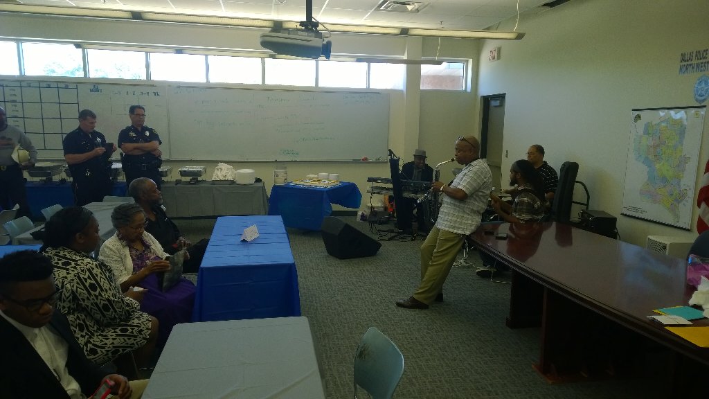 DPDVaughan's tweet photo. Sgt. Chuck Ledbetter retirement at Northwest Patrol after 40 years! Enjoy your retirement. Chuck playing the sax. https://t.co/uv41TA82bA