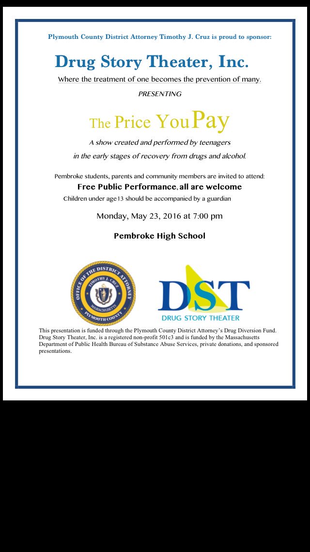 PembrokeTAD's tweet image. Mark your calendars! Drug Story Theater is coming to @PembrokeMA ! Please share :)