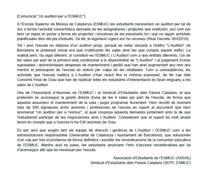 Volem un auditori per l'ESMUC!!!