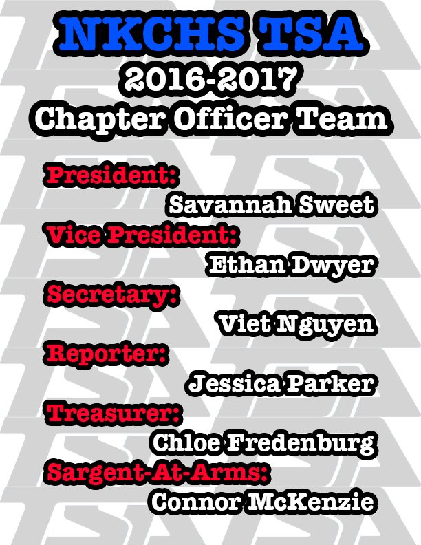 SavannahSweet22's tweet photo. Congratulations to the 2016-2017 NKCHS TSA Officer Team! @theethancole @ItsJustJess17 https://t.co/V9NPtqo0wM