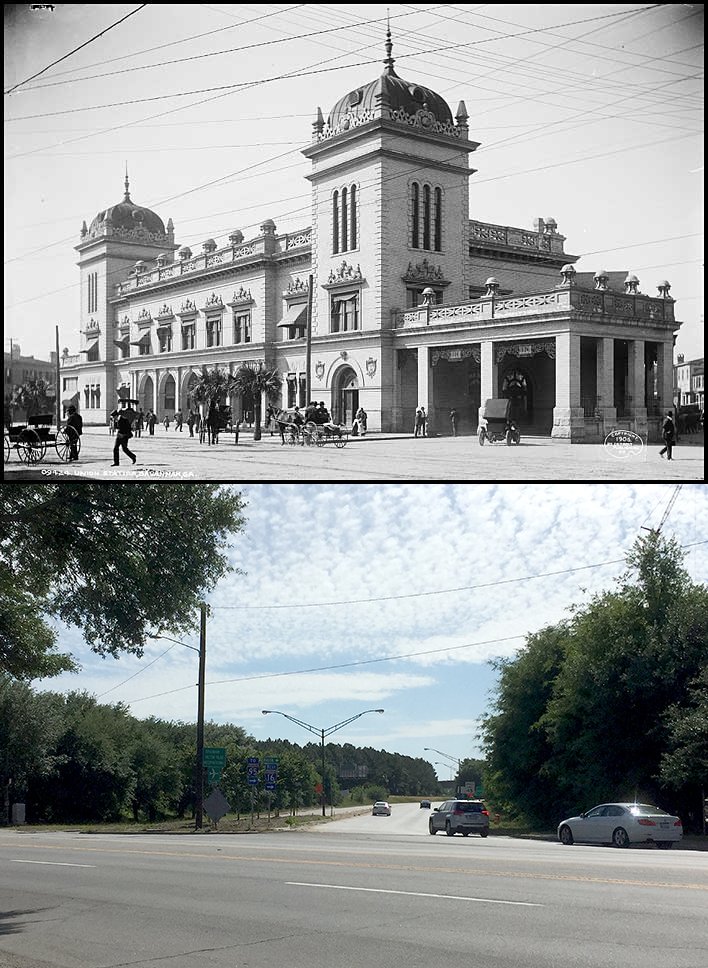 mallorybaches's tweet photo. My (least) favorite Urban Renewal Remembrance Day gem: Savannah Union Station, then and now. #UsedToBe #JaneJacobs https://t.co/LiyJ0FBb3N