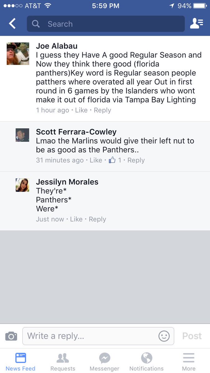 JessilynMorales's tweet photo. When someone trash talks the @FlaPanthers with improper grammar and capitalization... #LetMeHelpYouOut https://t.co/GtMKwXCmI6