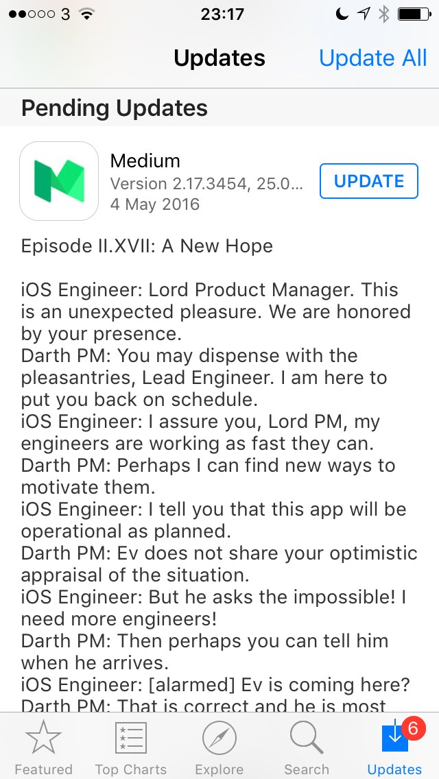 sampeckham's tweet image. Love creative update logs in apps. @medium - this is the best I&apos;ve seen! lol #creativecopy #appupdates