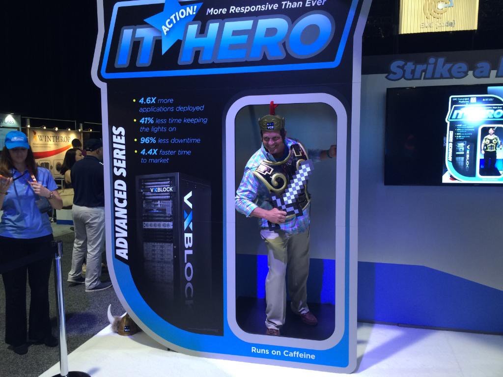 BleuSocial's tweet photo. We're excited that our work at #EMCWORLD is a huge hit! Get your #ITActionHero picture at the @VCE booth. #VxRack https://t.co/7B0PUIOUMw