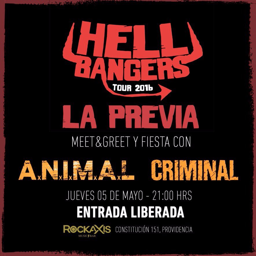 BarRockaxis's tweet photo. #HellBangersTour #LaPrevia junto a Criminal y A.N.I.M.A.L este jueves desde las 21hrs. Constituciรณn 151 #RockAndRoll https://t.co/0S3u5cE5c0
