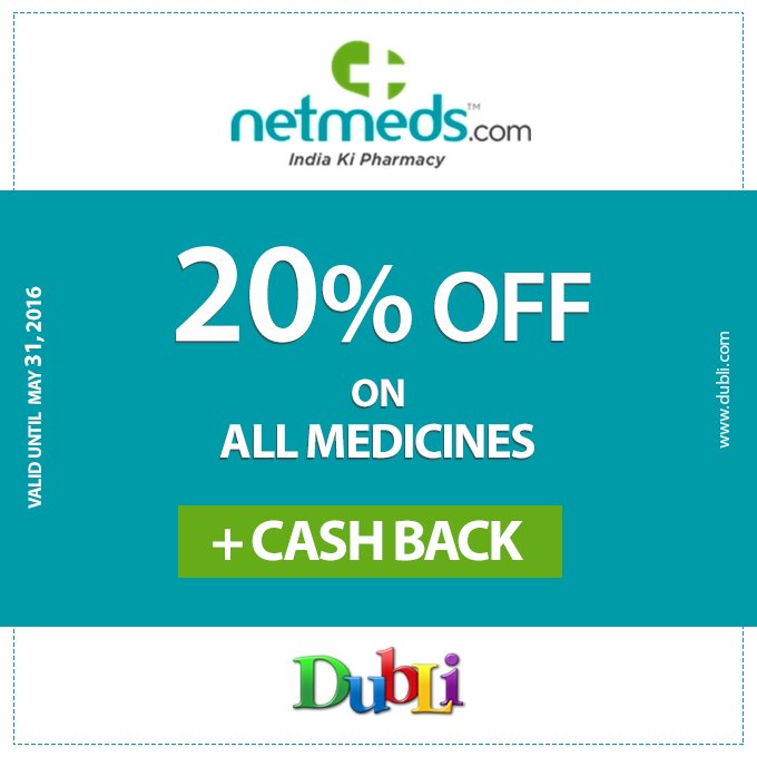 Netmeds (IN) - 20% OFF on all medicines. Valid Until May 31, 2016. #coupons #discount
dubli.com/T0WW7BU1