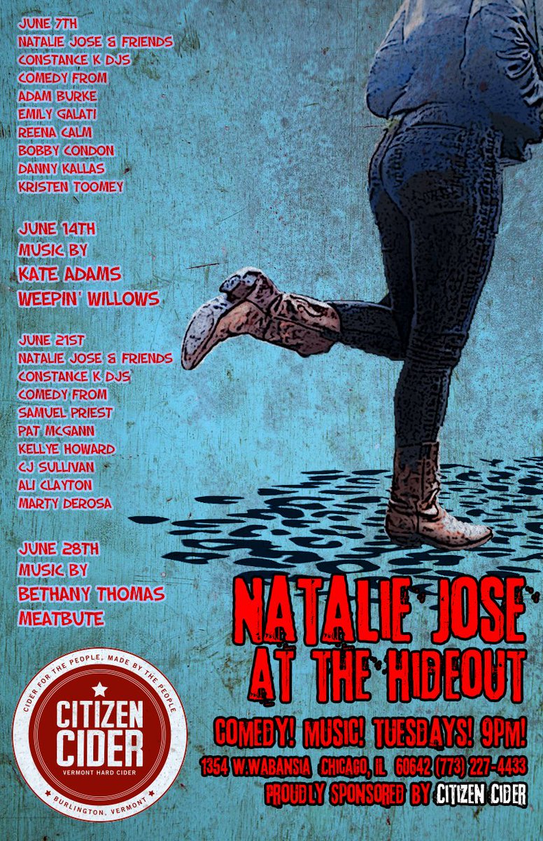 nataliejose's tweet photo. LINEUP ANNOUNCEMENT for my JUNE residency at the @hideoutchicago sponsored by @CitizenChider ❤️
Tuesday nights 9pm! https://t.co/k5xU7XvpR5