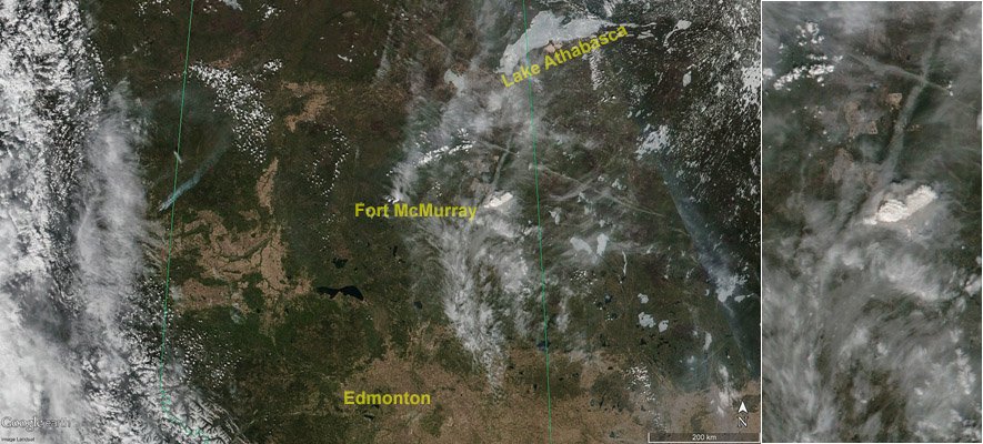 Cmdr_Hadfield's tweet photo. The smoke as Fort McMurray burns is visible from space; close-up at right. I hope all 90,000 folks are safe. (NASA) https://t.co/MH5LOoyJgv