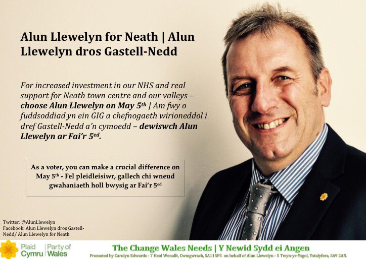 Plaid Cymru Neath (@plaid_castell_n) on Twitter photo Polling stations open from 7am to 10pm TODAY. Vote <a href="/AlunLlewelyn/">Alun Llewelyn</a> for a brighter future for Neath and our valleys. Polling stations open from 7am to 10pm TODAY. Vote <a href="/AlunLlewelyn/">Alun Llewelyn</a> for a brighter future for Neath and our valleys.