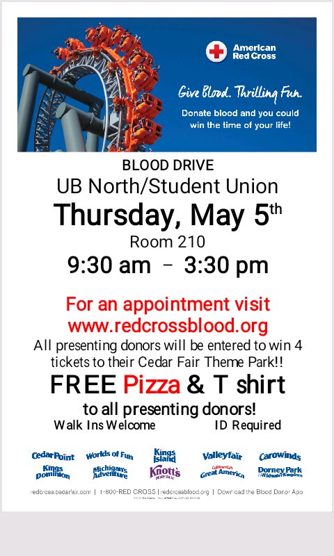 Our last blood drive of the semester is tomorrow from 9:30-3:30! Free pizza and shirt for all donors!