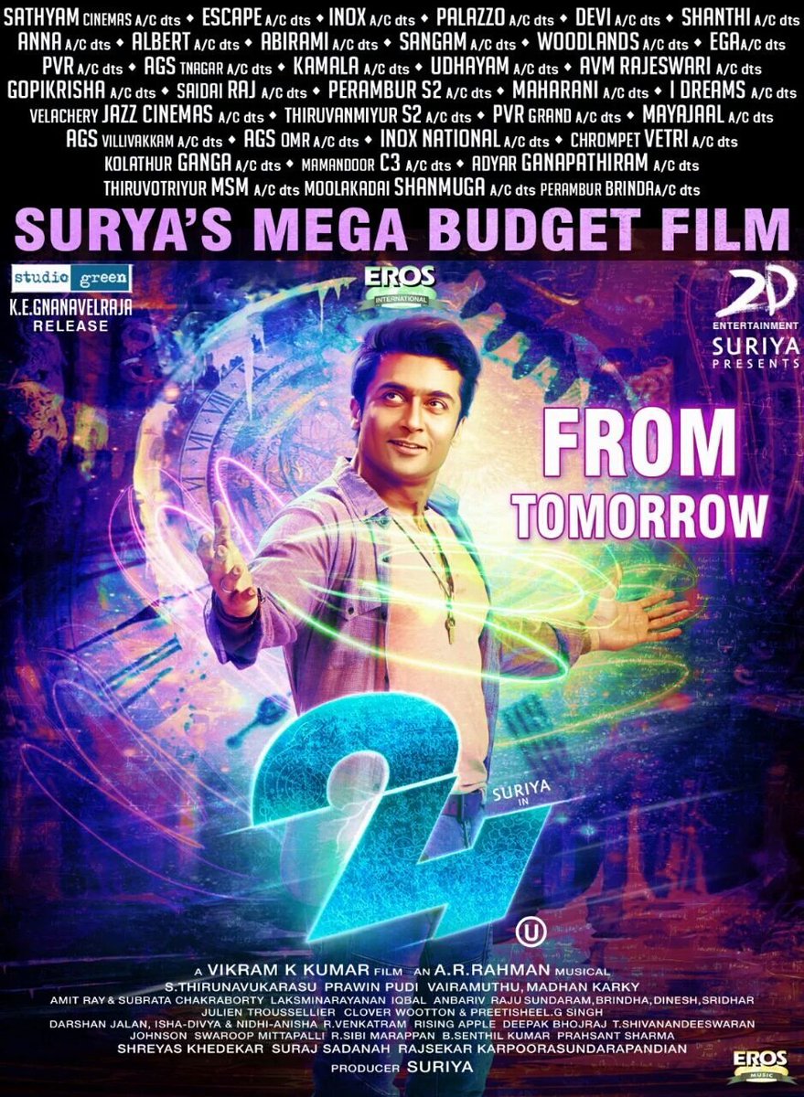 heytamilcinema's tweet photo. #Suriya's mega budget film #24TheMovie releasing tomorrow, bookings in full swing! @StudioGreen2 @kegvraja https://t.co/i5Ho5D6KS2