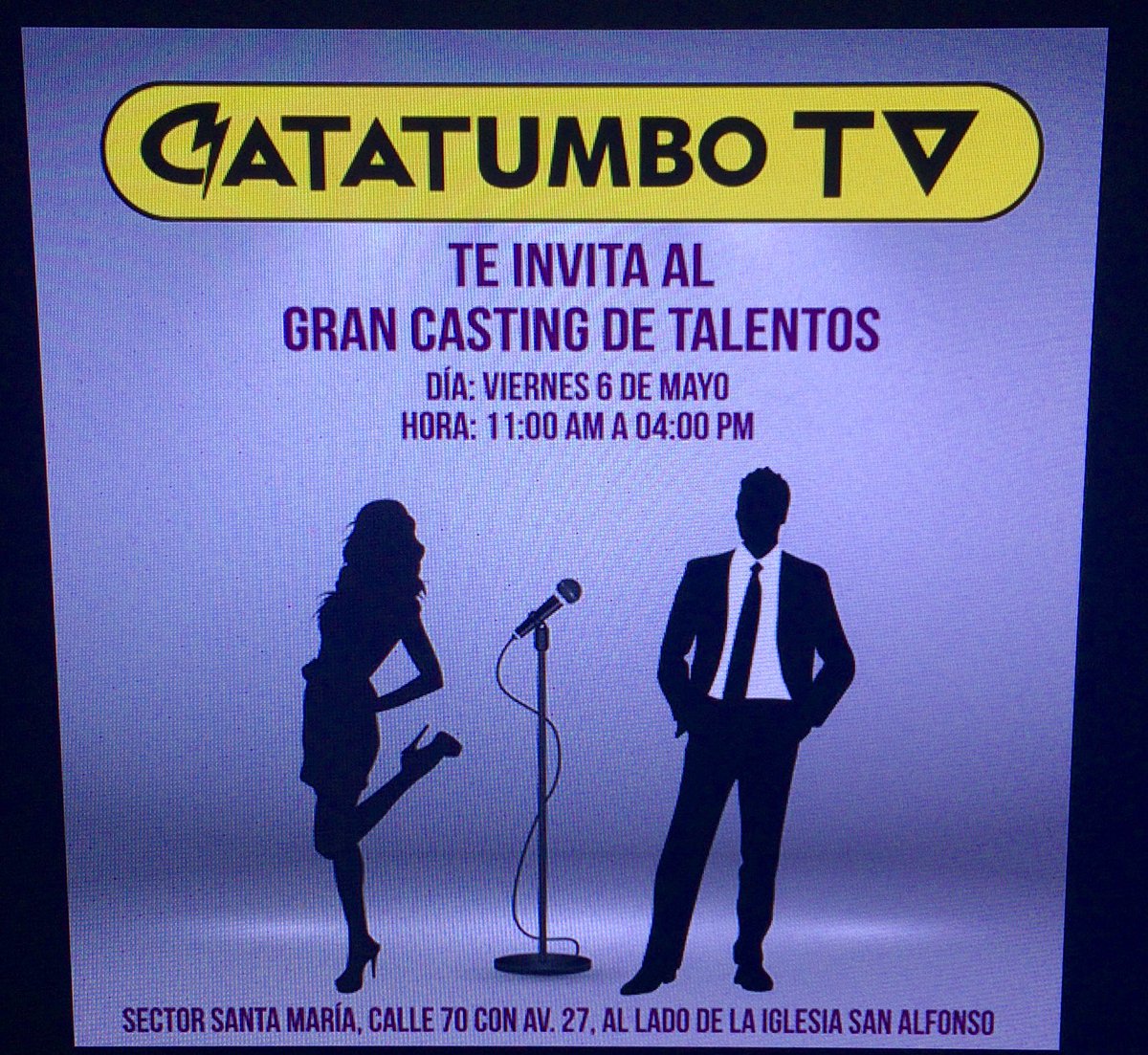 joaquinvalbuena's tweet photo. Asiste al casting de nuevos talentos de @CanalCatatumbo este viernes 6 de mayo en nuestra sede!!! https://t.co/2VaC9VXWZ6