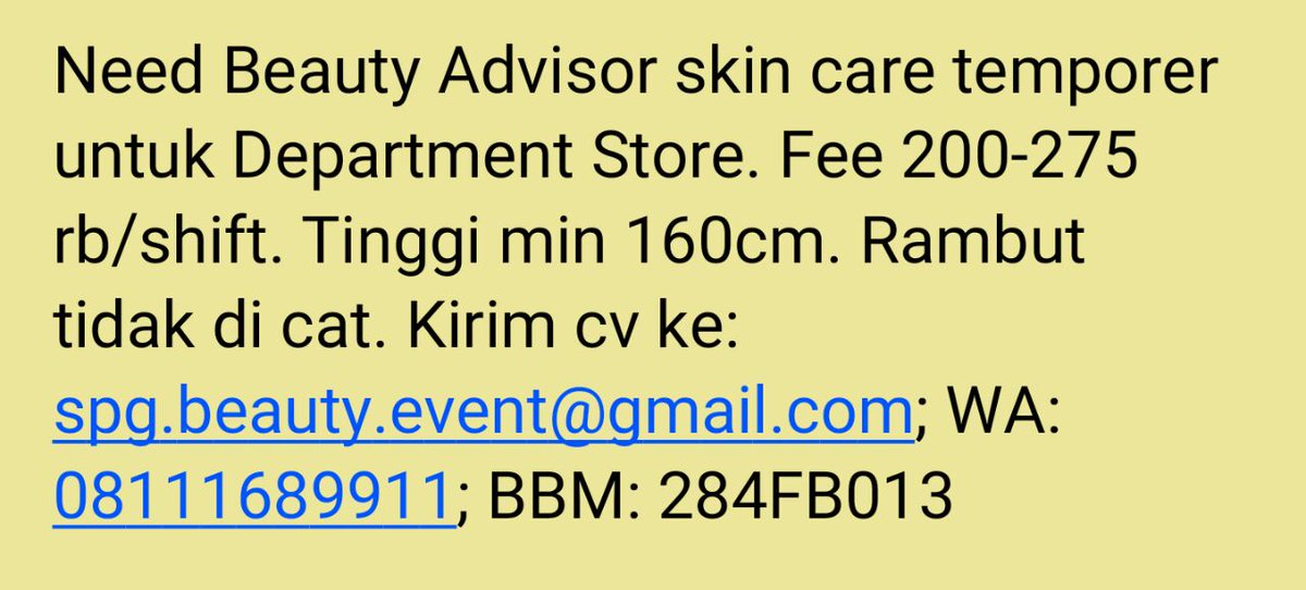 Need Beauty Advisor temporer. Tolong bantu RT yah <a href="/pakarSPG/">Pakar SPG</a>.  Thx