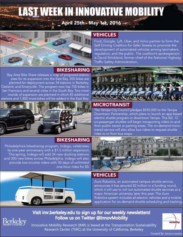 SusanShaheen1's tweet image. &quot;Innovative Mobility Highlights: April 25th to May 1st, 2016&quot; on @LinkedIn linkedin.com/pulse/innovati… #dmo2015 #ce256