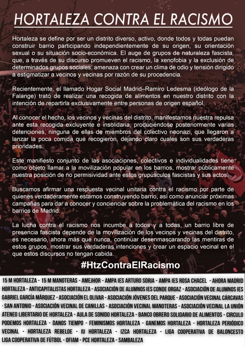 En Hortaleza y Manoteras no queremos racismo. Queremos barrios alegres, inclusivos y rebeldes. #HtzContraElRacismo