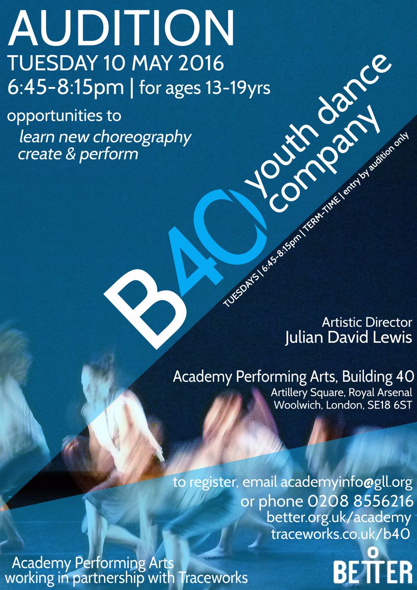 **AUDITION** for B40 Youth Dance Co NEXT TUESDAY (10 May) at @academy_arts_1 visit traceworks.co.uk/b40 for info!