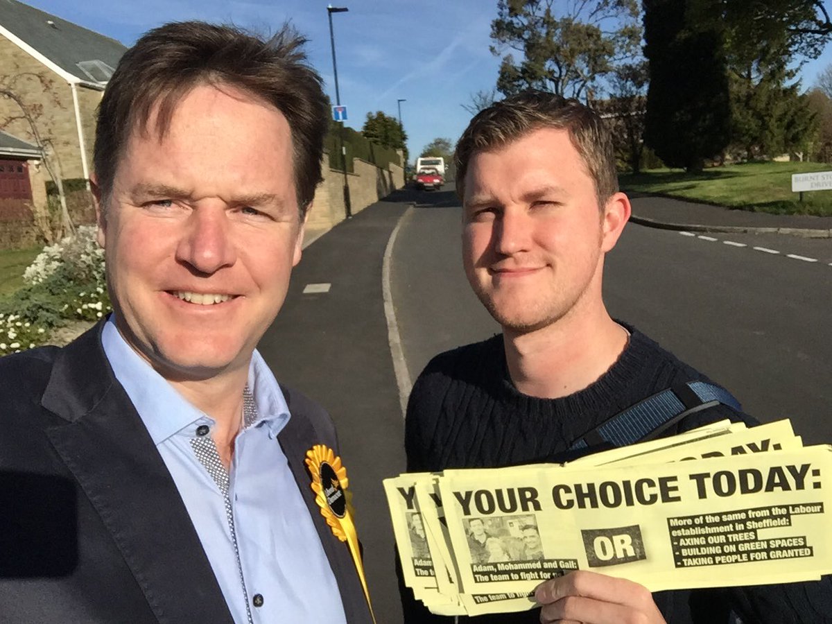 SheffLibDems's tweet photo. Polls are open! @nick_clegg  is out talking to voters in Crookes. @LibDems #libdemfightback https://t.co/Z1a9F9hubI