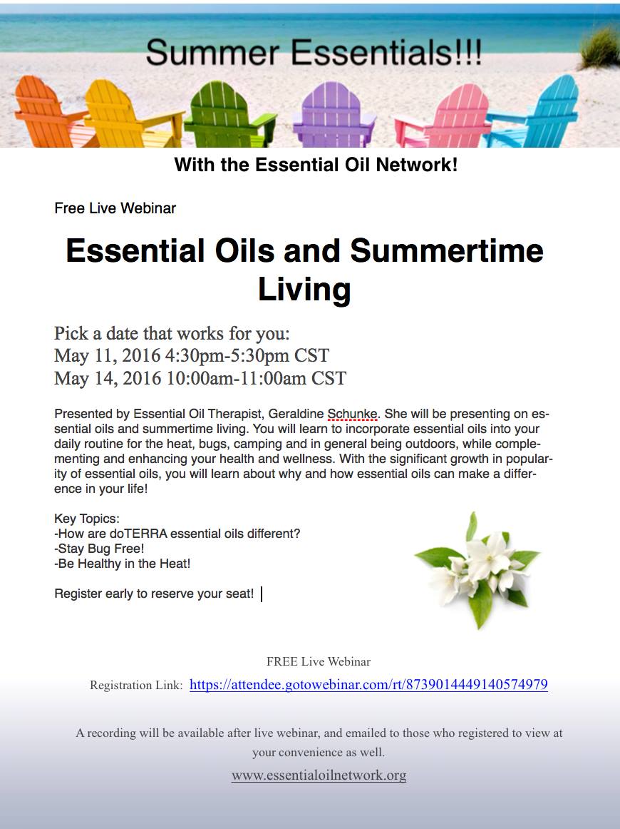 EssOilNetwork's tweet image. FREE Webinar on 'EOs &amp;amp; Summertime Living' Bugs, bites, sun etc the natural way attendee.gotowebinar.com/rt/87390144491… Ref:Twitter