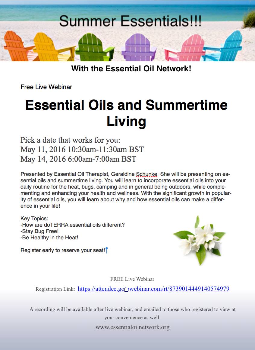 EssOilNetwork's tweet image. FREE Webinar on 'EOs &amp;amp; Summertime Living' Bugs, bites, sun etc the natural way attendee.gotowebinar.com/rt/87390144491… Ref:Twitter