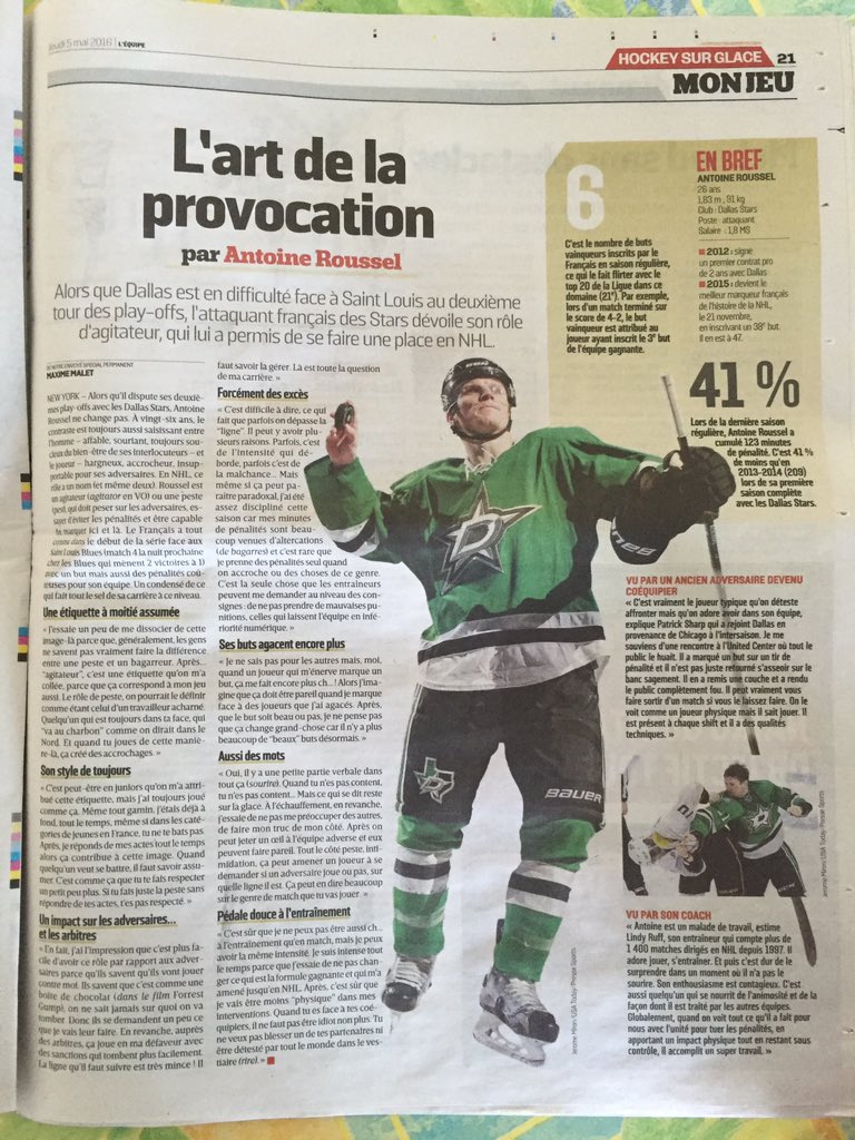 Encore du #hockey pleine page dans <a href="/lequipe/">L'Équipe</a> sur <a href="/Rous_ant/">Antoine Roussel</a> bonne chance pour les #playoffs #nhl <a href="/Hockey_FRA/">Équipes de France Hockey 🏒</a> 💪🇫🇷