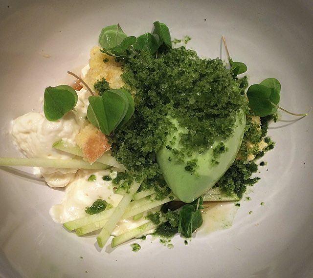 Smoked maple syrup pannacotta, common sorrel ice cream, frozen shortbread, Granny Smith, sorrel granita