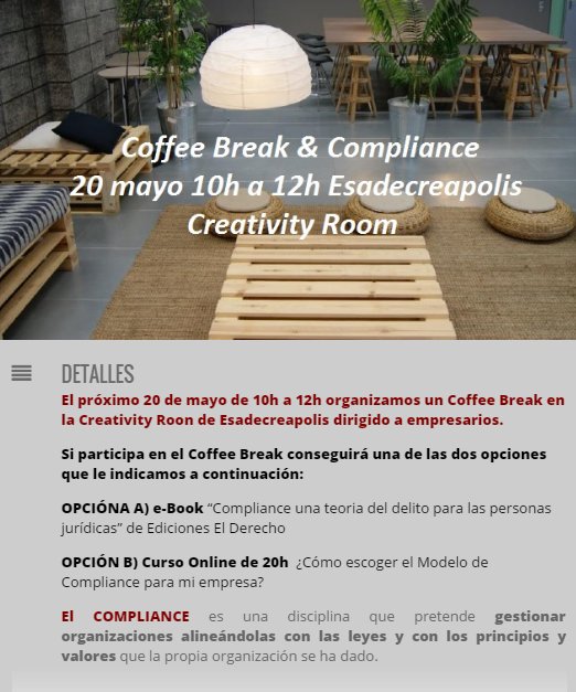 Bonattipenal's tweet photo. #Agenda Coffee Break &amp; Compliance con empresarios en @esadecreapolis https://t.co/cHjXh8J296 #compliance #Network https://t.co/06qd1qCOD0