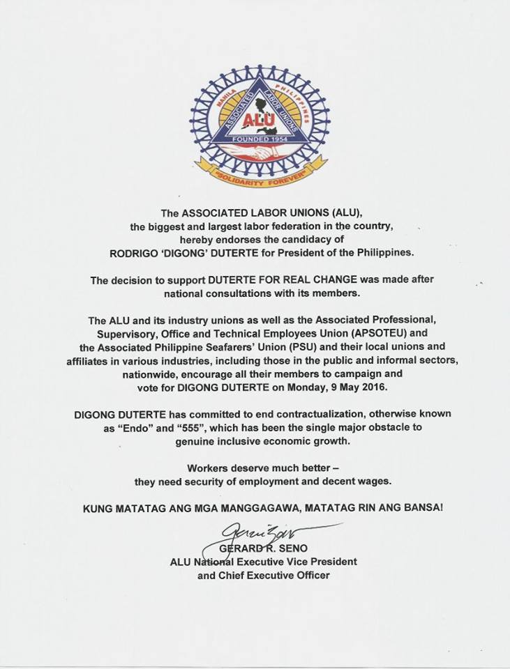 TheFreemanNews's tweet photo. ALU, the country's largest labor federation, endorses Duterte's presidential bid | via Dyla Cebu #cebuvote2016 https://t.co/xTdLqc5roJ