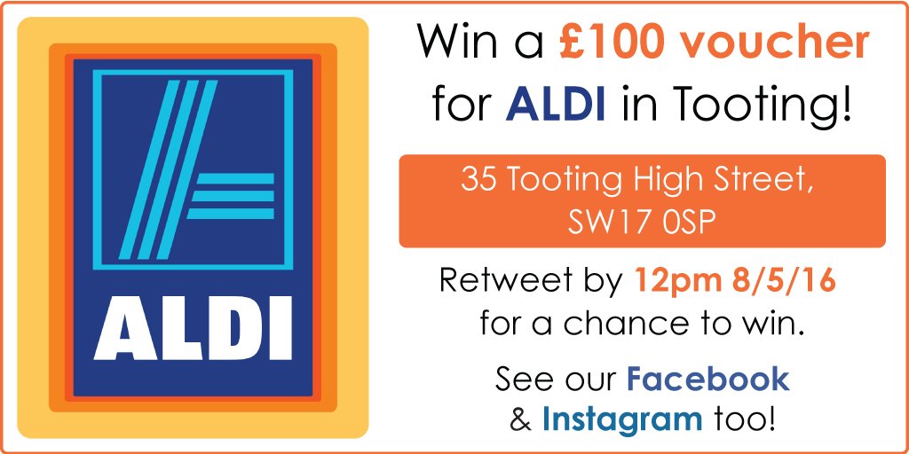 tootingnewsie's tweet photo. £100 @AldiUK #Tooting voucher to be won! RT by 12pm 8/5/16 for a chance to win! Ts &amp; Cs: https://t.co/LqP6Vvth6G https://t.co/sxpR6iFJNK