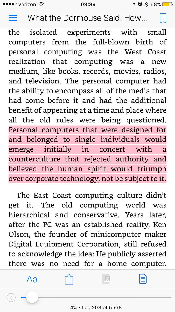 "Personal computers that were designed for and belonged to single individuals would emerge initially in concert with a counterculture that rejected authority and believed the human spirit would triumph over corporate technology, not be subject to it." from "What the Dormouse Said: How the Sixties Counter culture Shaped the Personal Computer Industry" by John Markoff