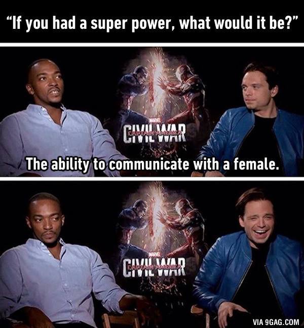 9GAG's tweet photo. All men should have this superpower #CaptainAmerica #Bucky #TheFalcon
https://t.co/RkjVFNUmd9 https://t.co/BNhRU25Edm