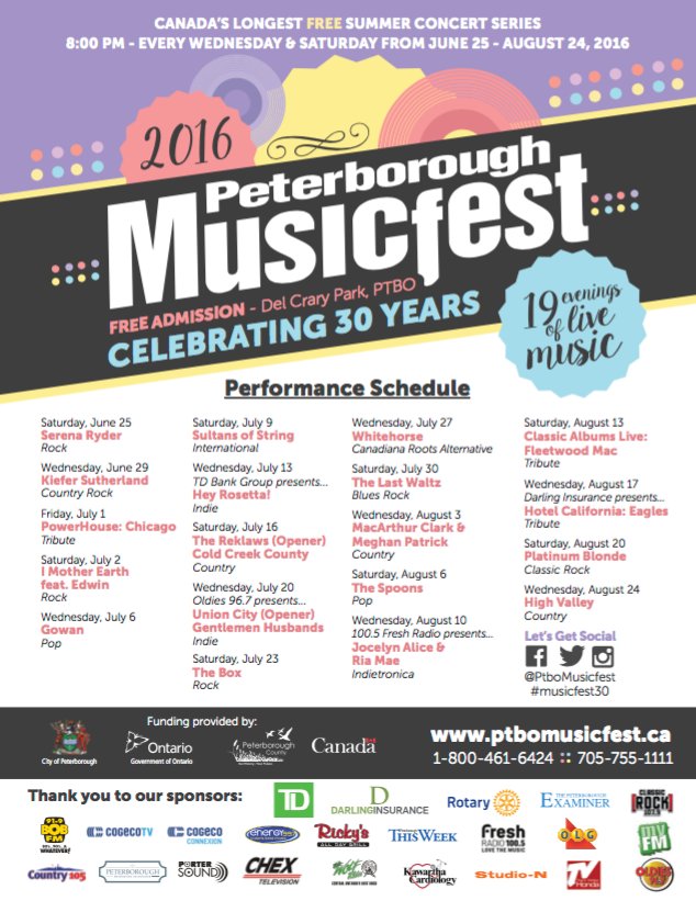 PtboMusicfest's tweet photo. #ICYMI: Here it is, your 2016 line-up for #Ptbo Musicfest! #musicfest30 Details here: https://t.co/xjT7AjeHMm https://t.co/TqdGP8znuJ
