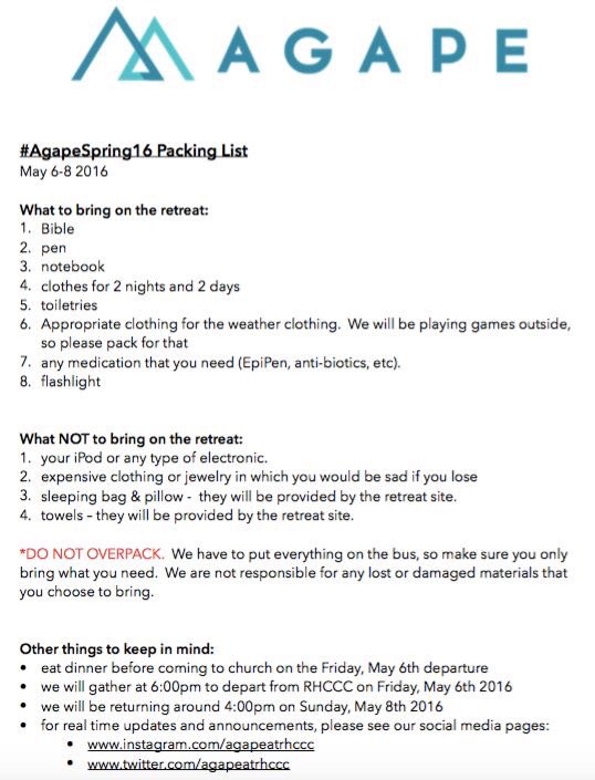 AgapeAtRHCCC's tweet photo. Packing for this weekend? Here's the things you need to bring. #agapespring16 #youthministry #rhccc #agapefam https://t.co/XhWY7q3avg