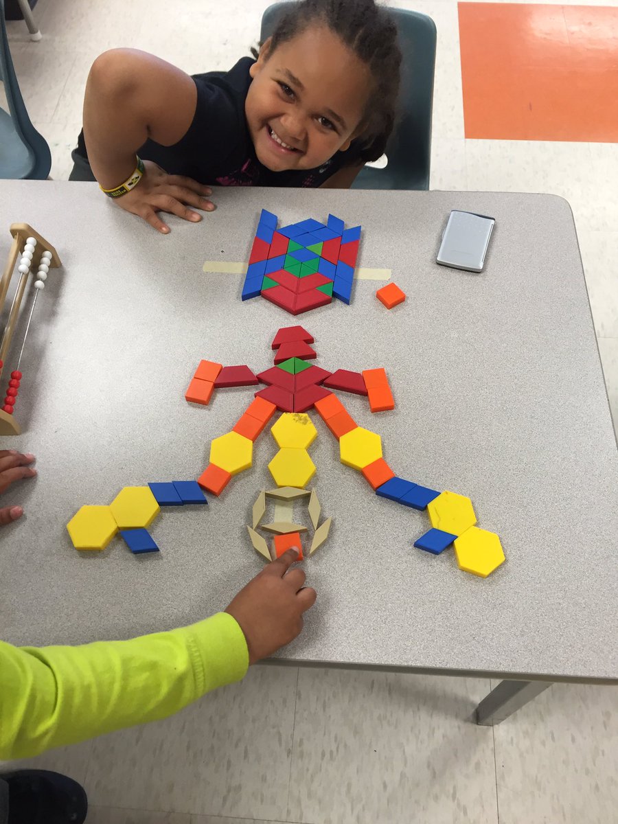 HilldalePS_K2's tweet image. Pattern block man and a proud student with her design #patternsallaroundus #mathrocks #hilldale @Hilldale_PS