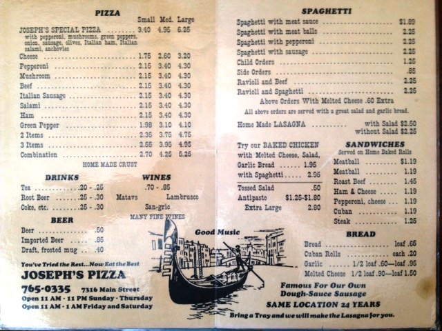 Throwback Thursday: Sm Joseph's Special for $3.40 and draft beer .40 cents! Those were the days! #60years #tbt
