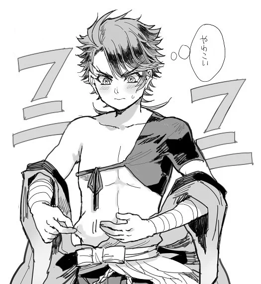 突然短刀サイズになってしまった陸奥守くんが、前までバキバキに割れてた腹筋がふにゃふにゃになってる事にショックを受けている図 