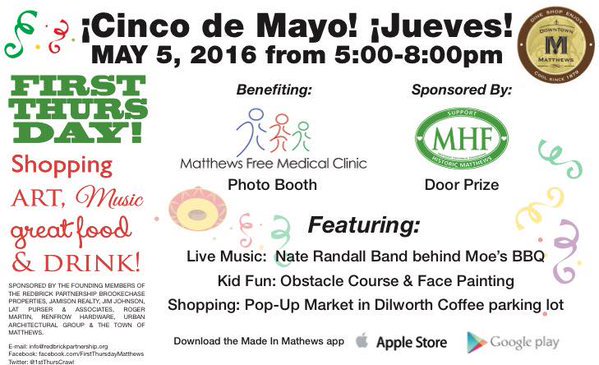 MadeInMatthews's tweet photo. It's #CincoDeMayo in #MatthewsNC! Don't miss First Thursday Matthews for great food, people, and fun! #CLT https://t.co/6l9mzXi54c