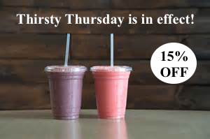 JuiceBarMidTown's tweet photo. Mention this ad when you visit our location, &amp; receive 15% off your juice or smoothie!
#ThirstyThursday https://t.co/hB4NFpWmMG