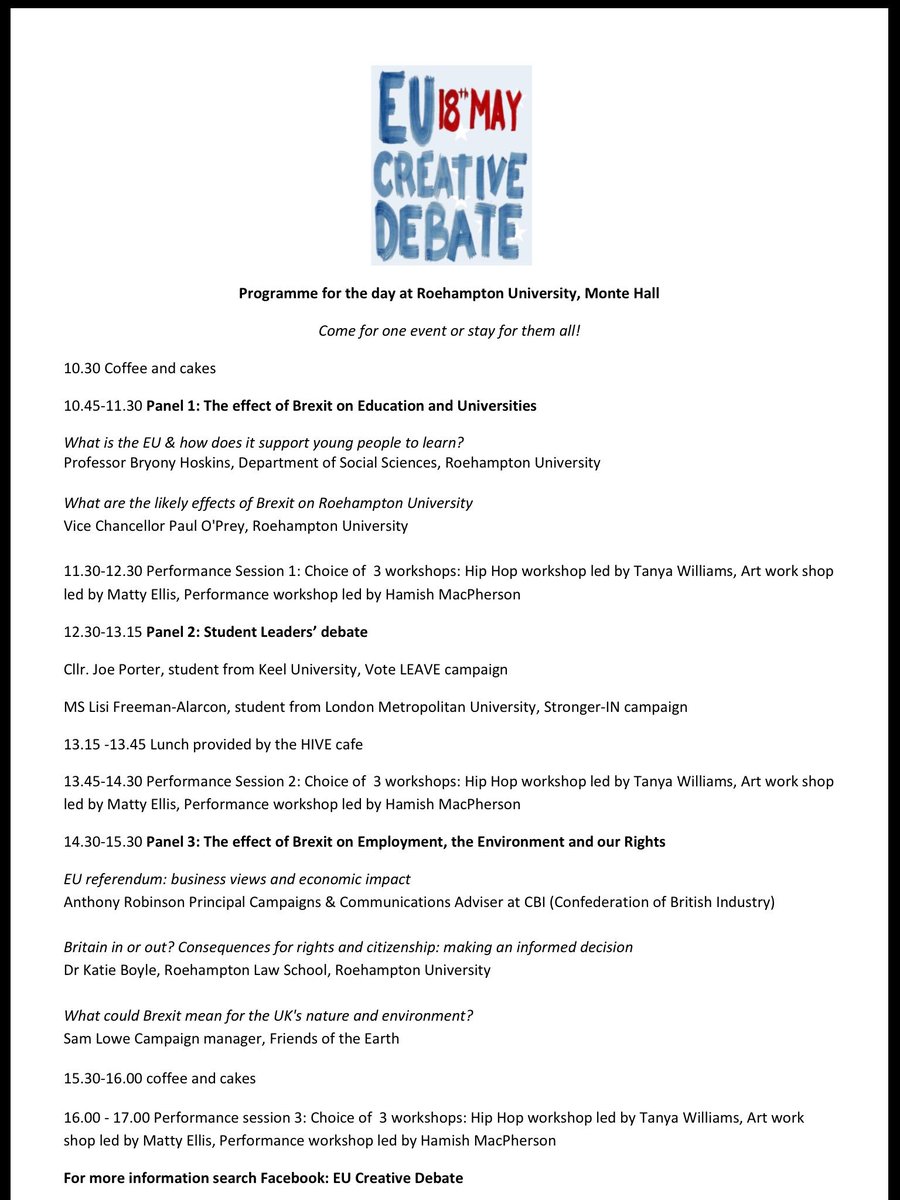 BryonyHoskins's tweet photo. EU Creative Debate - Come for part or stay for it all!@FinolaFarrant @Crucible_HRC @RoehamptonUni @RoehamptonSU https://t.co/CkiFu86Clr