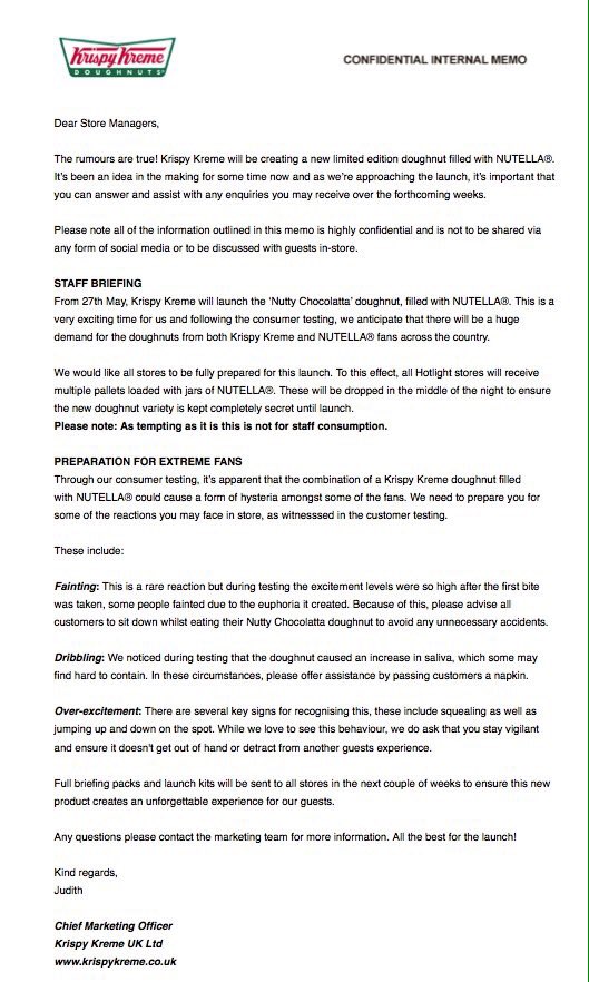 hiwearesuperfly's tweet photo. Krispy Kreme 'accidentally' sent an internal memo to all their loyal customers revealing a Nutella Doughnut 😄🍩 https://t.co/k4rBvc937h