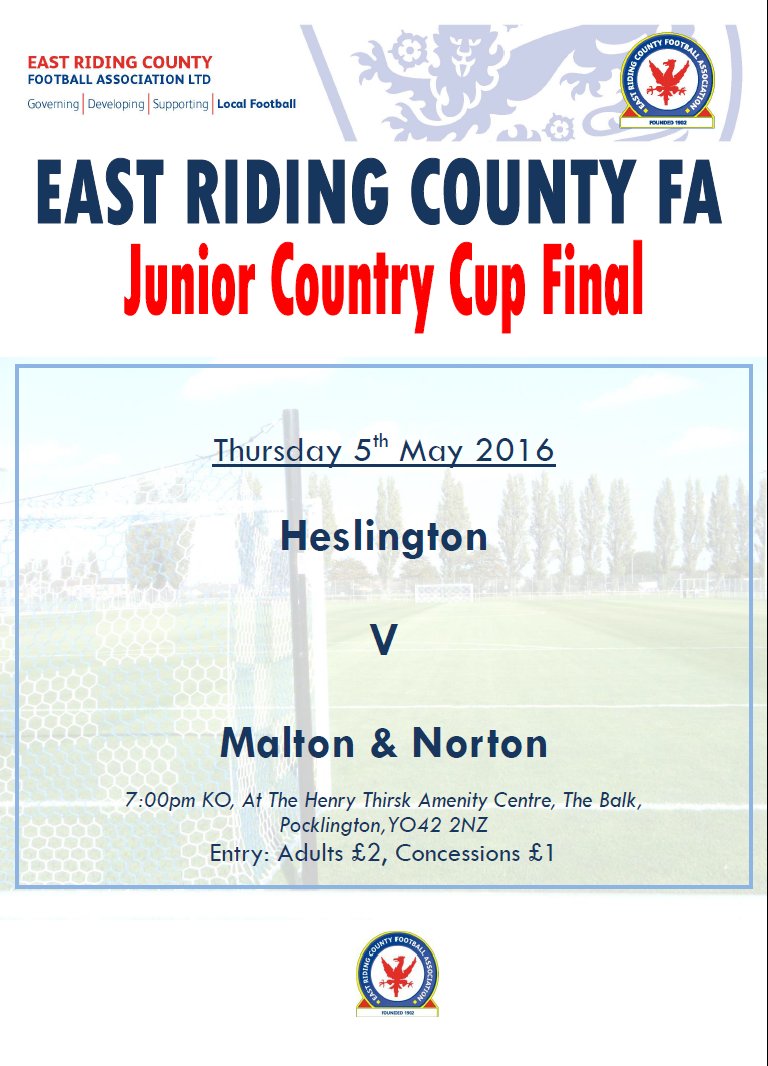 EastRidingFA's tweet photo. Tonight we go to @PockTownAFC for the Junior Country Cup Final between @heslingtonfc &amp; @Malton_Norton 7pm KO https://t.co/x8xHr82JeL