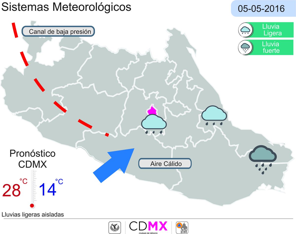 SGIRPC_CDMX's tweet image. En #CDMX estará caluroso con #lluvias ligeras aisladas por la tarde en el sur. Vientos de 15 a 30 kph