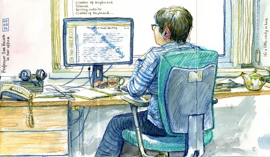 HumansofHum's tweet photo. Prof. Sue Heath portraied by urban sketcher + illustrator @LynnePencil, artist in Residence @morgancentre https://t.co/KUWFMTGRsr