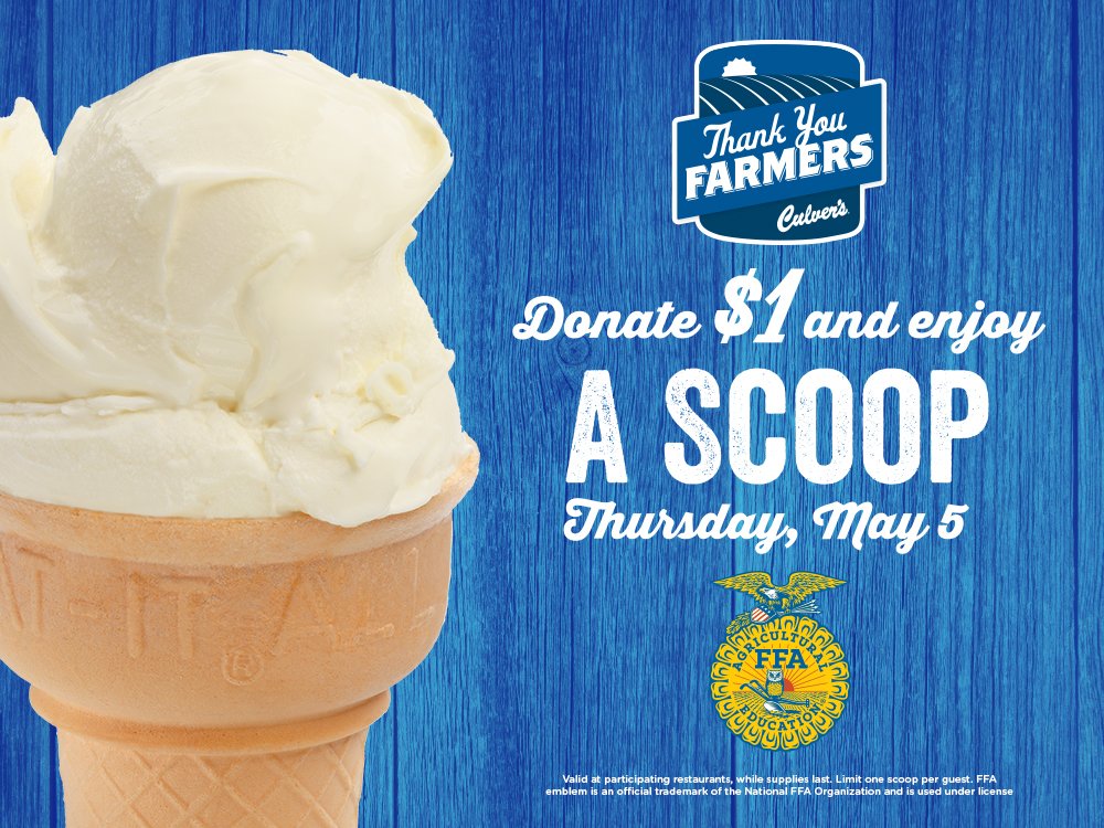 Today @Culvers: The sweetest donation to FFA you'll ever make :) #ScoopsOfThanks