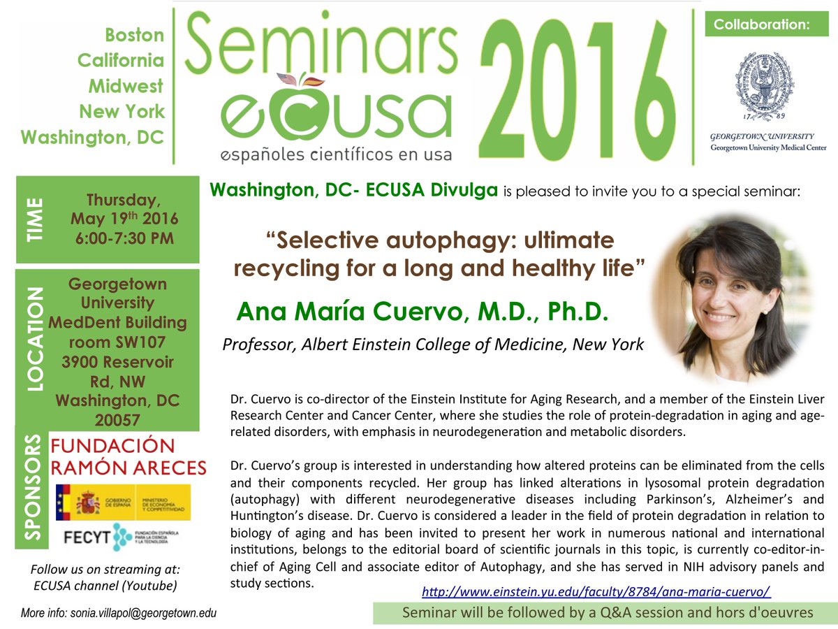 svillapol's tweet photo. Our next Seminar #EcusaDC @comunidadECUSA Dr. Ana Maria Cuervo #autophagia #Aging @GUNeuro #Georgetown @gumedcenter https://t.co/OGPvqFxIIl