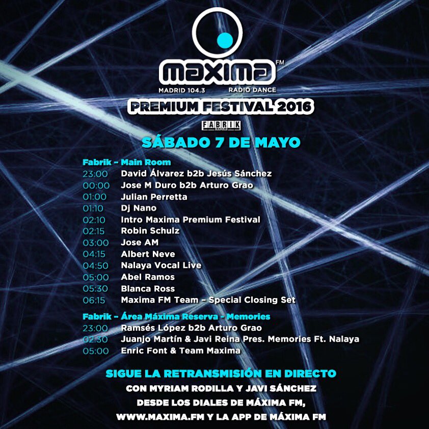 Los40Dance's tweet image. Los horarios de #MaximaPremiumFestival este Sábado en @fabrikdiscoteca más info maxima.fm RT